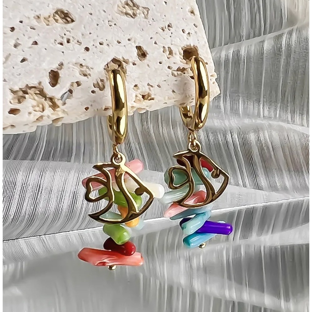 Gold Plated Stainless Steel Fish Drop Earrings Multicolor Nautical Dangles
